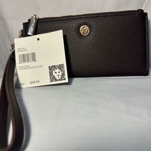 Anne Klein Slim Bifold Wallet with Top Zip Wristlet Espresso Brown NWT